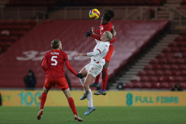 England Women v Canada Women Arnold Clark Cup Kadeisha Buchanan of Canada and Alessia Russo of England go for the ball during the Arnold Clark Cup match at the Riverside Stadium, Middlesbrough Content Not Available For UK Newspapers Copyright: xRobertxSmithx FIL-16533-0044