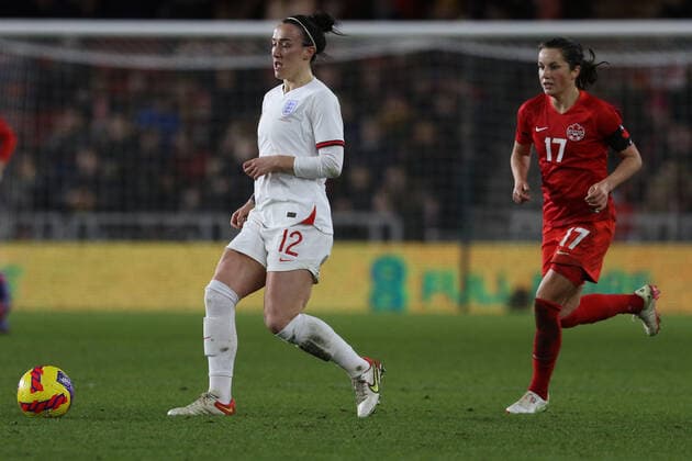 England Women v Canada Women Arnold Clark Cup Lucy Bronze of England is marked by Jessie Fleming of Canada during the Arnold Clark Cup match at the Riverside Stadium, Middlesbrough Content Not Available For UK Newspapers Copyright: xRobertxSmithx FIL-16533-0056