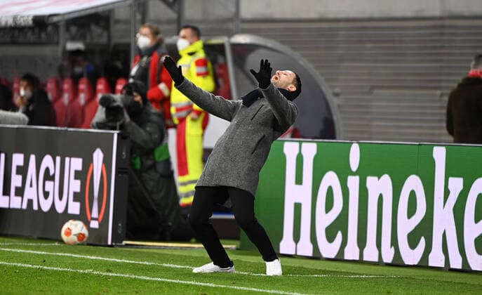 Fussball, Herren, Saison 2021 2022, Europa League (Play-offs, zum Erreichen des Achtelfinals, Hinspiel), RB Leipzig - Real Sociedad San Sebastian, Trainer Domenico Tedesco (RB Leipzig), 17.02. 2022, Copyright: xMatthiasxKochx