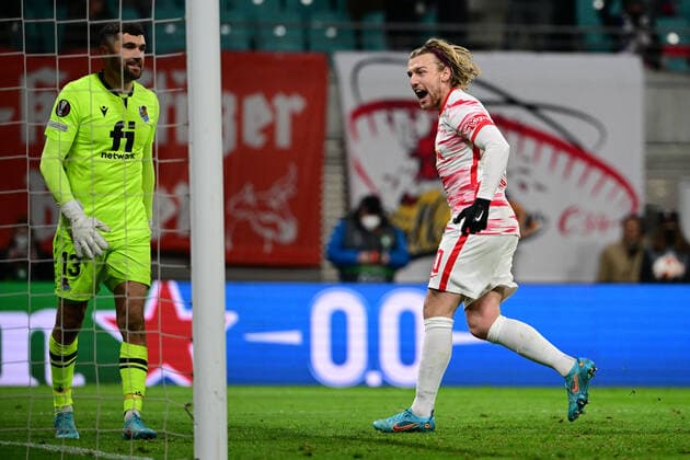 Torjubel zum 2:2 durch Emil Forsberg 10 (Leipzig), RB Leipzig vs. Real Sociedad, Europa League, PLayoff Hinspiel, 17.02.2022