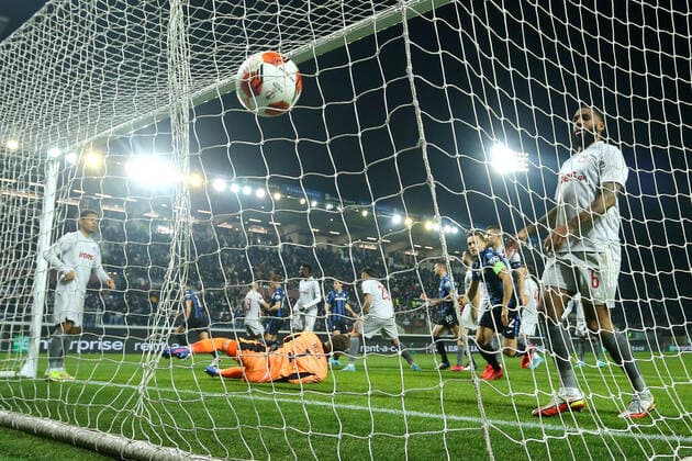 February 17, 2022, BERGAMO, Italia: Atalanta s Berat Djimsiti scores the goal 1-1 during UEFA Europa League playoff soccer match Atalanta BC vs Olympiacos Piraeus at the Gewiss Stadium in Bergamo, Italy, 17 February 2022..ANSA PAOLO MAGNI BERGAMO Italia - ZUMAa110 20220217_zaf_a110_046 Copyright: xPaoloxMagnix