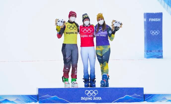February 17, 2022, Zhangjiakou, China: CanadaöÄÃ s Marielle Thompson, left, celebrates taking silver with gold medal winner Sandra Naeslund of Sweden, middle, and bronze medalist Daniela Maier of Germany, right, in the freestyle womenöÄÃ s ski cross during the Beijing Winter Olympic Games, Olympische Spiele, Olympia, OS in Zhangjiakou, China, Thursday, Feb. 17, 2022. Canada News - February 17, 2022  - ZUMAc35_ 20220217_zaf_c35_158 Copyright: xSeanxKilpatrickx