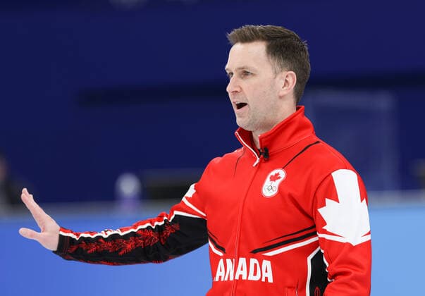 (220218) -- BEIJING, Feb. 18, 2022 -- Brad Gushue of Canada reacts during the curling man s bronze medal game of the Beijing 2022 Winter Olympics between Canada and the United States at the National Aquatics center in Beijing, China, Feb.18, 2022. ) (BEIJING 2022)CHINA-BEIJING-OLYMPIC Winter games, Winterspiele,Spiele, Summer games CURLING-MAN-BRONZE MEDAL-USA vs CAN(CN) WangxJingqiang 