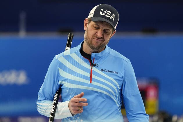 Team USA Skip John Shuster reacts during their Men s Curling Bronze Medal Game against Team Canada at the Beijing 2022 Winter Olympics on Friday, February 18, 2022.  OLY20220218206 PaulxHanna