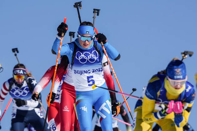(220218) -- ZHANGJIAKOU, Feb. 18, 2022 -- Dorothea Wierer (C) of Italy competes during biathlon women s 12.5km mass start of Beijing 2022 Winter Olympics at National Biathlon Centre in Zhangjiakou, north China s Hebei Province, Feb. 18, 2022. ) (BEIJING2022)CHINA-ZHANGJIAKOU-OLYMPIC Winter games, Winterspiele,Spiele, Summer games BIATHLON-WOMEN S 12.5KM MASS START (CN) PengxZiyang 