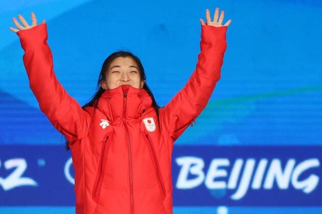 BEIJING, CHINA â€“ FEBRUARY 18, 2022: Bronze medallist Kaori Sakamoto of Japan poses at a victory ceremony for the ladies Figure skating, Eiskunstlauf event at the Beijing 2022 Winter Olympic Games, Olympische Spiele, Olympia, OS at the Beijing Medals Plaza. Anton Novoderezhkin TASS  TS12415C