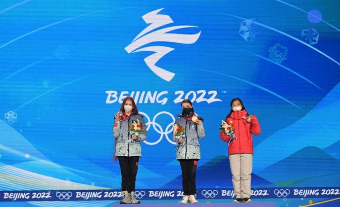 China Olympics 2022 Medal Ceremony 8119453 18.02.2022 Silver medalist Russian Olympic Committee s Alexandra Trusova, gold medalist Russian Olympic Committee s Anna Shcherbakova and bronze medalist Japan s Kaori Sakamoto pose on the podium during the women s single Figure skating, Eiskunstlauf medal ceremony of the Beijing 2022 Winter Olympic Games, Olympische Spiele, Olympia, OS at the Medals Plaza in Beijing, China. Grigory Sysoev Sputnik Beijing China  Copyright: xGrigoryxSysoevx