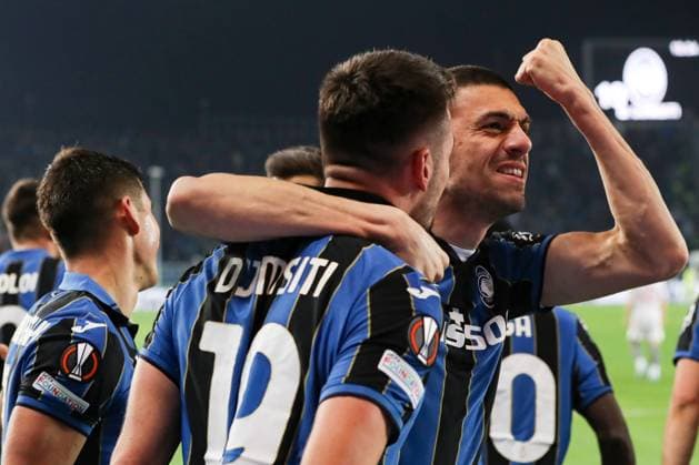 Bergamo, Italy, 17th February 2022. Berat Djimsiti of Atalanta celebrates with team mate Merih Demiral after scoring to give the side a 2-1 lead during the UEFA Europa League match at Gewiss Stadium, Bergamo. Picture credit should read: Jonathan Moscrop Sportimage EDITORIAL USE ONLY. No use with unauthorised audio, video, data, fixture lists, club league logos or live services. Online in-match use limited to 120 images, no video emulation. No use in betting, games or single club league player publications. SPI-1536-0102