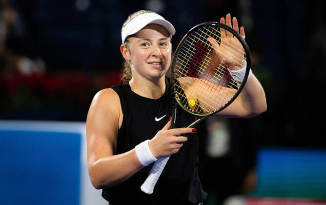 February 18, 2022, DUBAI, UNITED ARAB EMIRATES: Jelena Ostapenko of Latvia celebrates winning the semi-final of the 2022 Dubai Duty Free Tennis Championships WTA, Tennis Damen 1000 tennis tournament against Simona Halep of Romania DUBAI UNITED ARAB EMIRATES - ZUMAa181 20220218_zaa_a181_011 Copyright: xRobxPrangex
