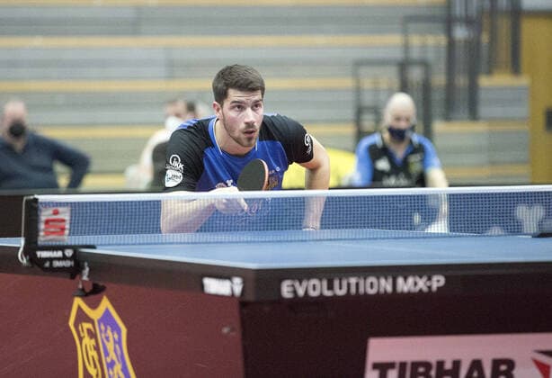 18.02.2022, xrhsx, Tischtennis 1.Bundesliga, 1.FC Saarbrücken - TTC Neu-Ulm emspor, v.l. Patrick Franziska (1.FC Saarbrücken Tischtennis) Saarbrücken