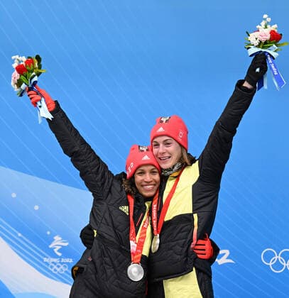 (220219) -- BEIJING, Feb. 19, 2022 -- Silver medalists Mariama Jamanka and Alexandra Burghardt (R) of Germany celebrate on the podium during the awarding ceremony for the bobsleigh 2-woman heat of Beijing 2022 Winter Olympics at National Sliding Centre in Yanqing District, Beijing, capital of China, Feb. 19, 2022. ) (BEIJING2022)CHINA-BEIJING-OLYMPIC Winter games, Winterspiele,Spiele, Summer games BOBSLEIGH-2-WOMEN-HEAT (CN) HexChangshan 