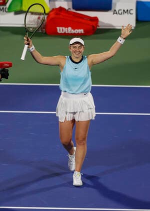 Jelena Ostapenko jubelt nach dem Sieg, Jubel, Freude, Emotion Finale, Endspiel Tennis - Dubai Tennis Championships - WTA, Tennis Damen - Dubai Duty Free Tennis Stadium - Dubai - - United Arab Emirates - 19 February 2022. Copyright: xJuergenxHasenkopfx