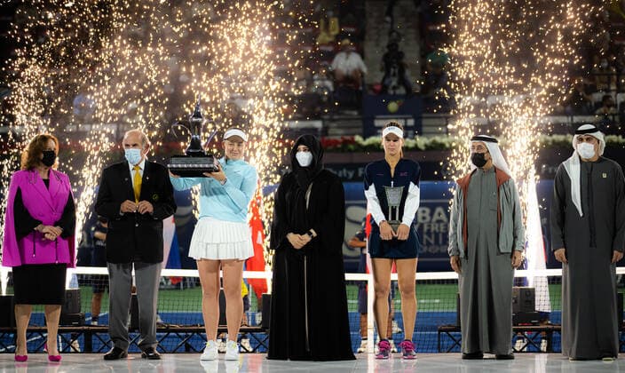 February 19, 2022, DUBAI, UNITED ARAB EMIRATES: Veronika Kudermetova of Russia & Jelena Ostapenko of Latvia pose with their trophies after the final of the 2022 Dubai Duty Free Tennis Championships WTA, Tennis Damen 1000 tennis tournament DUBAI UNITED ARAB EMIRATES - ZUMAa181 20220219_zaa_a181_056 Copyright: xRobxPrangex
