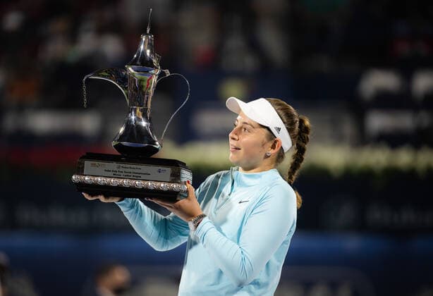 February 19, 2022, DUBAI, UNITED ARAB EMIRATES: Jelena Ostapenko of Latvia poses with the winners trophy after wining the final of the 2022 Dubai Duty Free Tennis Championships WTA, Tennis Damen 1000 tennis tournament against Veronika Kudermetova of Russia DUBAI UNITED ARAB EMIRATES - ZUMAa181 20220219_zaa_a181_059 Copyright: xRobxPrangex