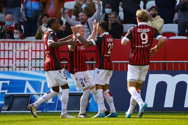 Joie - Justin Kluivert (OGC Nice) - Melvin Bard (OGC Nice) - Pablo Rosario (OGC Nice) - Kasper Dolberg (OGC Nice) FOOTBALL : OGC Nice vs SCO Angers - Ligue 1 Uber Eats - Nice - 20 02 2022 NorbertScanella Panoramic 