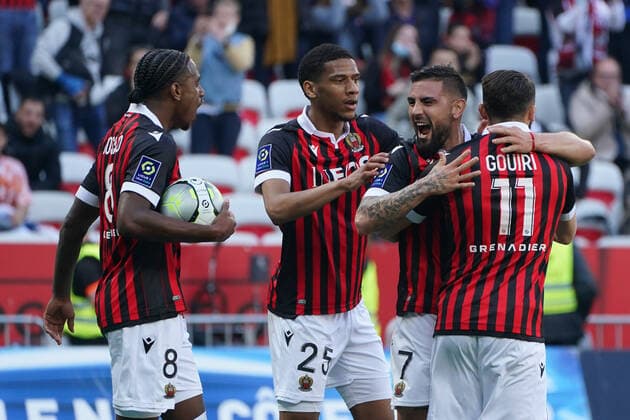 Andy Delort (OGC Nice) - Pablo Rosario (OGC Nice) - Amine Gouiri (OGC Nice) - Jean Clair Todibo (OGC Nice) FOOTBALL : OGC Nice vs SCO Angers - Ligue 1 Uber Eats - Nice - 20 02 2022 NorbertScanella Panoramic 