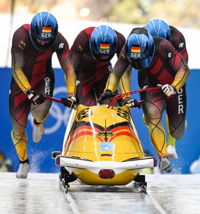 (220220) -- BEIJING, Feb. 20, 2022 -- Francesco Friedrich Thorsten Margis Candy Bauer Alexander Schueller of Germany compete during the bobsleigh 4-man heat of Beijing 2022 Winter Olympics at National Sliding Centre in Yanqing District, Beijing, capital of China, Feb. 20, 2022. ) (BEIJING2022)CHINA-BEIJING-OLYMPIC Winter games, Winterspiele,Spiele, Summer games BOBSLEIGH-4-MEN-HEAT(CN) SunxFei 