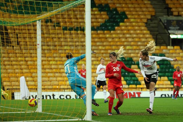 20th February 2022 ; Carrow Road, Norwich, Norforlk, England; Arnold Clark Womens International football Canada versus Germany: Vanessa Gilles ff Canada wins the header and scores for 1-0  ActionPlus12366129 ShaunxBrooks