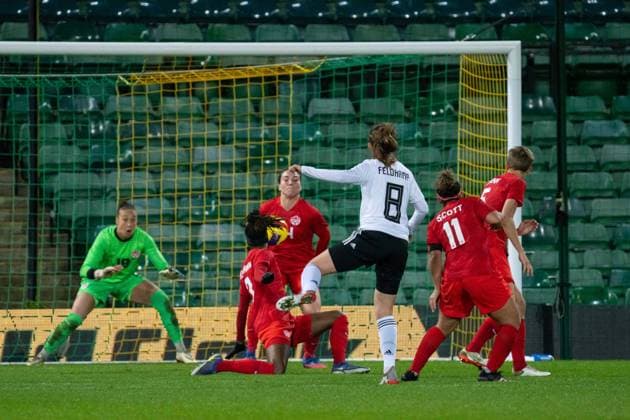 Norwich, England, February 20th Jana Feldkamp (8 Germany) shot is blocked by Vanessa Gilles (24 Canada) during the Arnold Clark Cup game between Canada and Germany at Carrow Road in Norwich, England Sam Mallia SPP Canada v Germany - Arnold Clark Cup - Carrow Road 