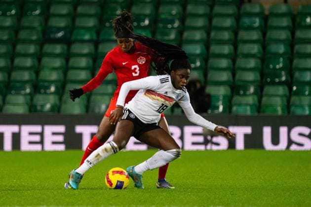 Norwich, England, February 20th Nicole Anyomi (18 Germany) and Kadeisha Buchanan (3 Canada) battle for the ball during the Arnold Clark Cup game between Canada and Germany at Carrow Road in Norwich, England Sam Mallia SPP Canada v Germany - Arnold Clark Cup - Carrow Road 