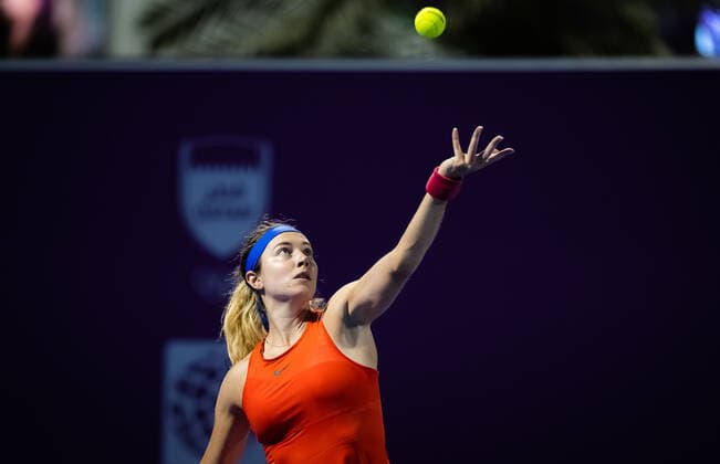 February 20, 2022, DOHA, QATAR: Stefanie Voegele of Switzerland in action during the first round at the 2022 Qatar TotalEnergies Open 2022 WTA, Tennis Damen 1000 tennis tournament DOHA QATAR - ZUMAa181 20220220_zaa_a181_152 Copyright: xRobxPrangex