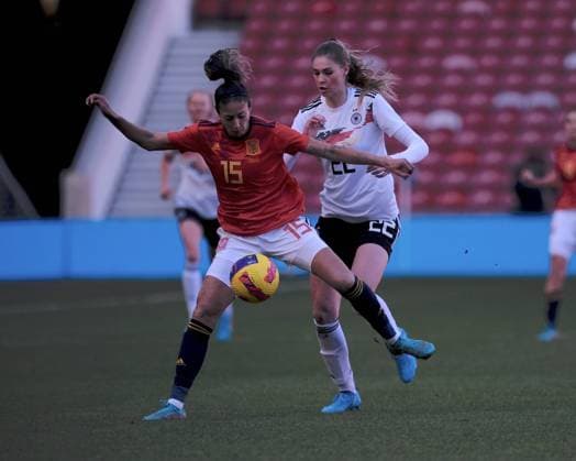 The Riverside Stadium, Middlesbr Leila Ouahabi (Spain, 15) and Jule Brand (Germany, 22) during the Arnold Clark Cup match between Spain and Germany at The Riverside Stadium in Middlesbrough, England Arnold Clark Cup Alex Todd SPP Spain v Germany 