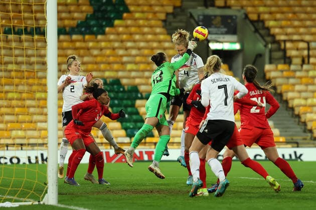 20th February 2022 ; Carrow Road, Norwich, Norforlk, England; Arnold Clark Womens International football Canada versus Germany: Kailen Sheridan of Canada punches the ball clear  ActionPlus12366232 ShaunxBrooks