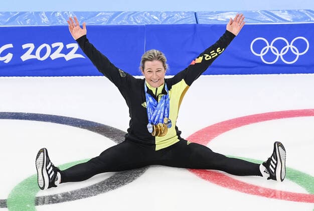 Beijing Olympics: Speed skating, Eisschnelllauf Claudia Pechstein of Germany poses for a photo after competing in the women s speed skating mass start at the Beijing Winter Olympics on Feb. 19, 2022, at the National Speed Skating Oval in Beijing.  A14AA0001254186P