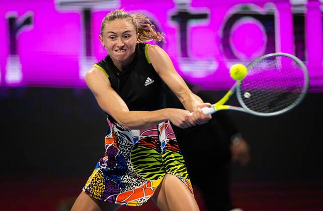 February 22, 2022, DOHA, QATAR: Aliaksandra Sasnovich of Belarus in action during the second round of the 2022 Qatar TotalEnergies Open 2022 WTA, Tennis Damen 1000 tennis tournament DOHA QATAR - ZUMAa181 20220222_zaa_a181_027 Copyright: xRobxPrangex