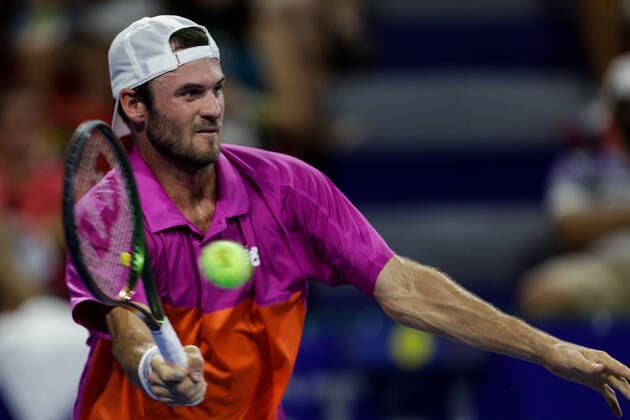 (220223) -- ACAPULCO, Feb. 23, 2022 -- Tommy Paul of the United States hits a return during the men s singles first round match against Matteo Berrettini of Italy at the 2022 ATP, Tennis Herren Mexican Open tennis tournament in Acapulco, Mexico, Feb. 22, 2022. (Photo by Francisco Canedo Xinhua) (SP)MEXICO-ACAPULCO-TENNIS-ATP-MEXICAN OPEN-FIRST ROUND XinxYuewei 