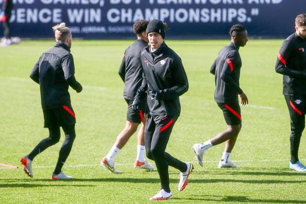 RB Leipzig - Training 23.02.2022 Leipzig, 23.02.2022, RB Leipzig Trainingszentrum, Fussball, 1. Bundesliga , RB Leipzig - Abschlusstraining vor dem UEFA Europa League Spiel gegen Real Sociedad San Sebastian , Im Bild: Yussuf Poulsen ,