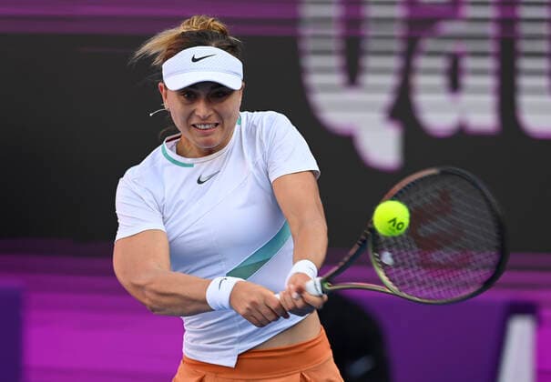 (220223) -- DOHA, Feb. 23, 2022 -- Paula Badosa of Spain hits a return during the round of 16 match of WTA, Tennis Damen Qatar Open tennis tournament between Cori Gauff of the United States and Paula Badosa of Spain at the Khalifa International Tennis Complex in Doha, capital of Qatar, Feb. 23, 2022. (Photo by Nikku Xinhua) (SP)QATAR-DOHA-TENNIS-QATAR OPEN-ROUND OF 16 yangyuanyong 