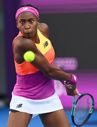 (220223) -- DOHA, Feb. 23, 2022 -- Cori Gauff of the United States hits a return during the round of 16 match of WTA, Tennis Damen Qatar Open tennis tournament between Cori Gauff of the United States and Paula Badosa of Spain at the Khalifa International Tennis Complex in Doha, capital of Qatar, Feb. 23, 2022. (Photo by Nikku Xinhua) (SP)QATAR-DOHA-TENNIS-QATAR OPEN-ROUND OF 16 yangyuanyong 