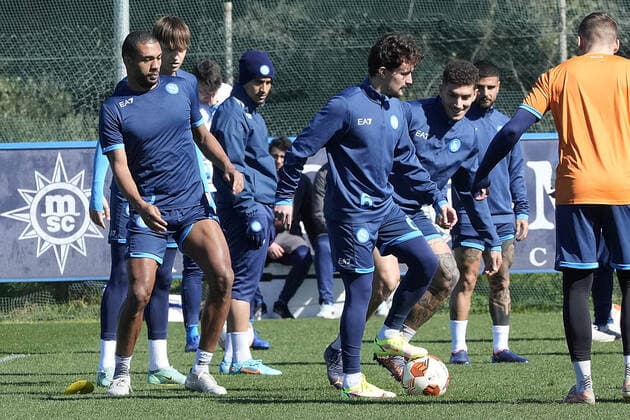 NAPLES, ITALY - FEBRUARY 23: Mario Rui, Giovanni Di Lorenzo, Juan Jesus of Napoli during a training session before the UEFA Europa League match against FC Barcelona, Barca on February 23, 2022 in Napoli, Italy. Copyright: xFotoagenziax