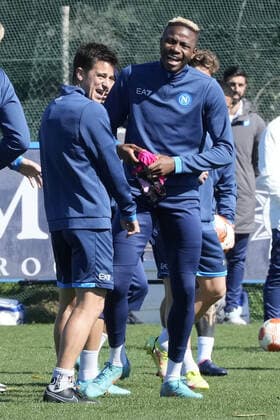 NAPLES, ITALY - FEBRUARY 23: Diego Demme and Victor Osimhen of Napoli during a training session before the UEFA Europa League match against FC Barcelona, Barca on February 23, 2022 in Napoli, Italy. Copyright: xFotoagenziax