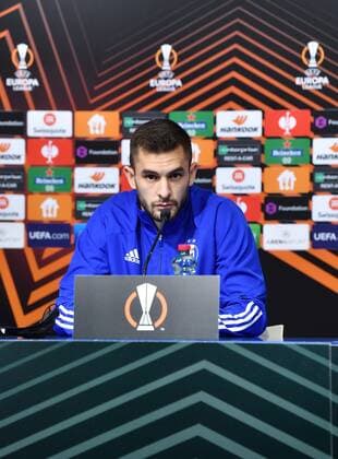 PXL_Dinamo Zagreb Press Football player of Dinamo Bartol Franjic during press conference, PK, Pressekonferenz of Dinamo Zagreb football club, in Zagreb, Croatia, on February 23, 2022. Dinamo Zagreb will face Spanish club Sevilla on February 24 in the secodn leg in knockout round play-offs of the UEFA Europa League. MarkoxLukunic PIXSELL