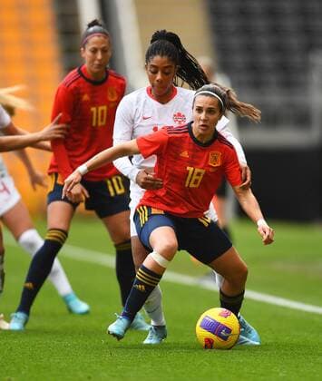 Mandatory Credit: Photo by Anna Gowthorpe Shutterstock (12819430m) Ashley Lawrence of Canada and Marta Cardona of Spain Spain Women v Canada Women, Arnold Clark Cup 2022, Football, Molineux, Wolverhampton, UK - 23 Feb 2022 EDITORIAL USE ONLY No use with unauthorised audio, video, data, fixture lists, club league logos or live services. Online in-match use limited to 120 images, no video emulation. No use in betting, games or single club league player publications. Spain Women v Canada Women, Arnold Clark Cup 2022, Football, Molineux, Wolverhampton, UK - 23 Feb 2022 EDITORIAL USE ONLY No use with unauthorised audio, video, data, fixture lists, club league logos or live services. Online in-match use limited to 120 images, no video emulation. No use in betting, games or single club league player publications. Copyright: xAnnaxGowthorpe Shutterstockx 12819430m
