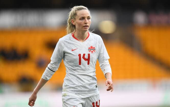Mandatory Credit: Photo by Anna Gowthorpe Shutterstock (12819430aw) Gabrielle Carle of Canada Spain Women v Canada Women, Arnold Clark Cup 2022, Football, Molineux, Wolverhampton, UK - 23 Feb 2022 EDITORIAL USE ONLY No use with unauthorised audio, video, data, fixture lists, club league logos or live services. Online in-match use limited to 120 images, no video emulation. No use in betting, games or single club league player publications. Spain Women v Canada Women, Arnold Clark Cup 2022, Football, Molineux, Wolverhampton, UK - 23 Feb 2022 EDITORIAL USE ONLY No use with unauthorised audio, video, data, fixture lists, club league logos or live services. Online in-match use limited to 120 images, no video emulation. No use in betting, games or single club league player publications.  Copyright: xAnnaxGowthorpe Shutterstockx 12819430aw