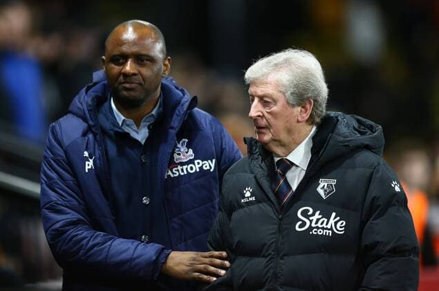 Fußball, Trainerhistorie Crystal Palace von 1905 bis heute Mandatory Credit: Photo by Michael Zemanek Shutterstock (12819462d) Patrick Vieira manager of Crystal Palace and Roy Hodgson manager of Watford Watford v Crystal Palace, Premier League, Football, Vicarage Road, Watford, UK - 23 Feb 2022 EDITORIAL USE ONLY No use with unauthorised audio, video, data, fixture lists, club league logos or live services. Online in-match use limited to 120 images, no video emulation. No use in betting, games or single club league player publications. Watford v Crystal Palace, Premier League, Football, Vicarage Road, Watford, UK - 23 Feb 2022 EDITORIAL USE ONLY No use with unauthorised audio, video, data, fixture lists, club league logos or live services. Online in-match use limited to 120 images, no video emulation. No use in betting, games or single club league player publications. Copyright: xMichaelxZemanek Shutterstockx 12819462d