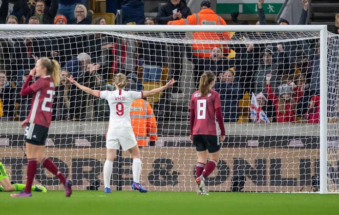 23rd February 2022 ; Molineux Stadium, Wolverhampton, West Midlands, England; Arnold Clark Womens International football England versus Germany; Ellen White of England salutes the crowd after scoring the opening goal  ActionPlus12366598 RogerxEvans