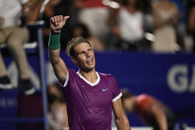 (220224) -- ACAPULCO, Feb. 24, 2022 -- Rafael Nadal of Spain reacts after winning the men s singles round of 16 match against Stefan Kozlov of the United States at the 2022 ATP, Tennis Herren Mexican Open tennis tournament in Acapulco, Mexico, Feb. 23, 2022. ) (SP)MEXICO-ACAPULCO-TENNIS-ATP-MEXICAN OPEN-ROUND OF 16 XinxYuewei 
