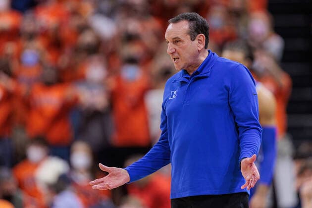 February 23, 2022: Duke Blue Devils head coach Mike Krzyzewski reacts during the NCAA, College League, USA basketball game between the Virginia Cavaliers and the Duke Blue Devils at John Paul Jones Arena in Charlottesville, Virginia.Ã‚ CSM Charlottesville USA - ZUMAc04_ 20220223_zaf_c04_035 Copyright: xRyanxHuntx