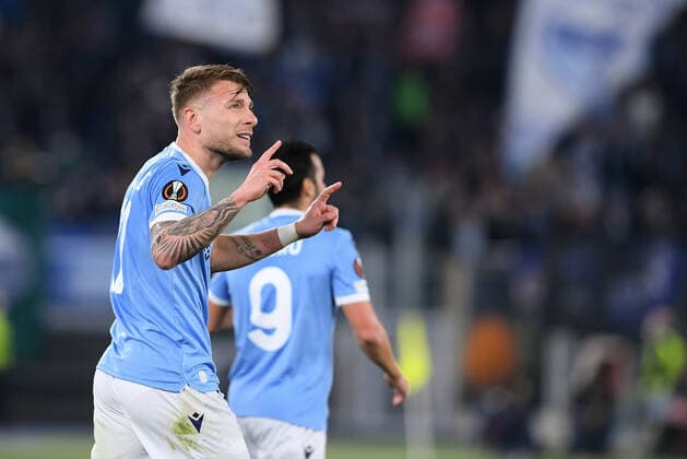 Ciro Immobile of SS Lazio celebrates after scoring first goal during the UEFA Europa League Knockout Round Play-Offs Leg two between SS Lazio and FC Porto at Stadio Olimpico, Rome, Italy on 24 February 2022. Photo by Giuseppe Maffia. Rome Stadio Olimpico Rome Italy Copyright: xGiuseppexMaffiax SP24-254-005