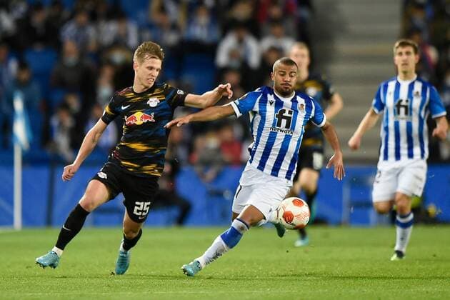Mandatory Credit: Photo by Pressinphoto Shutterstock (12821404b) Rafael Rafinha Alcantara of Real Sociedad and Dani Olmo of RB Leipzig Real Sociedad v RB Leipzig, UEFA Europa League 2021-2022, Round of 32, secong leg. Football, Reale Arena Stadium, San Sebastian, Spain - 24 Feb 2022 Editorial use only Real Sociedad v RB Leipzig, UEFA Europa League 2021-2022, Round of 32, secong leg. Football, Reale Arena Stadium, San Sebastian, Spain - 24 Feb 2022 Editorial use only Copyright: xPressinphoto Shutterstockx 12821404b