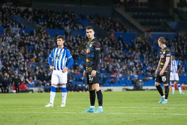 24th February 2022; Reale Arena; Donostia - San Sebastian; Pais Vasco; Spain; UEFA Europa League; Real Sociedad vs RB Leipzig; Andre Silva (Leipzig) scores goal Donostia Pais Vasco Spain Futbol Copyright: xEduardoxAgredax xAgenciaxLOFx