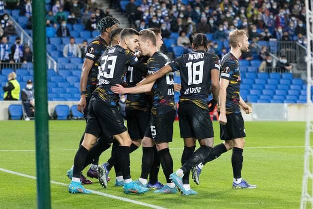 24th February 2022; Reale Arena; Donostia - San Sebastian; Pais Vasco; Spain; UEFA Europa League; Real Sociedad vs RB Leipzig; Andre Silva (Leipzig) celebration to goal Donostia Pais Vasco Spain Futbol Copyright: xEduardoxAgredax xAgenciaxLOFx
