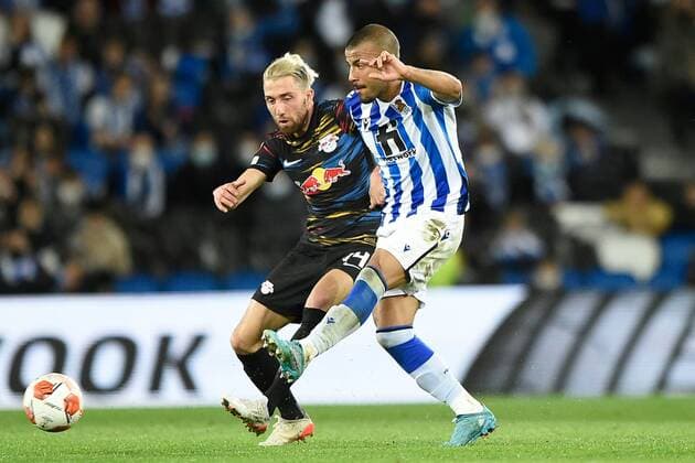 Mandatory Credit: Photo by Pressinphoto Shutterstock (12821404k) Kevin Kampl of RB Leipzig and Rafael Rafinha Alcantara of Real Sociedad Real Sociedad v RB Leipzig, UEFA Europa League 2021-2022, Round of 32, secong leg. Football, Reale Arena Stadium, San Sebastian, Spain - 24 Feb 2022 Editorial use only Real Sociedad v RB Leipzig, UEFA Europa League 2021-2022, Round of 32, secong leg. Football, Reale Arena Stadium, San Sebastian, Spain - 24 Feb 2022 Editorial use only Copyright: xPressinphoto Shutterstockx 12821404k