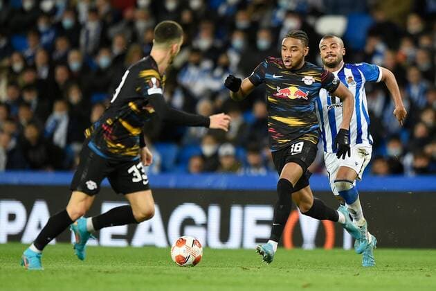 Mandatory Credit: Photo by Pressinphoto Shutterstock (12821404g) Christopher Nkunku of RB Leipzig Real Sociedad v RB Leipzig, UEFA Europa League 2021-2022, Round of 32, secong leg. Football, Reale Arena Stadium, San Sebastian, Spain - 24 Feb 2022 Editorial use only Real Sociedad v RB Leipzig, UEFA Europa League 2021-2022, Round of 32, secong leg. Football, Reale Arena Stadium, San Sebastian, Spain - 24 Feb 2022 Editorial use only Copyright: xPressinphoto Shutterstockx 12821404g