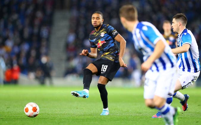 San Sebastian - RB Leipzig 24.02.2022 Donostia-San Sebastian, 24.02.2022, Estadio Anoeta, Fussball, UEFA Europa League, Play Off Rueckspiel , Real Sociedad San Sebastian (ESP) vs. RB Leipzig (GER) , Im Bild: Christopher Nkunku (18, RB Leipzig). , UEFA regulations prohibit any use of photographs as image sequences and or quasi-video ,