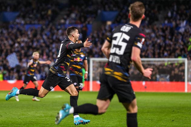 Tor, Torjubel, zum 0:2 durch Andre Silva (RB Leipzig, 33), ESP, Real Sociedad vs. RB Leipzig, UEFA Europa League Play-Offs, Spielzeit 2021 2022, 24.02.2022, DFB DFL regulations prohibit any use of photographs as image sequences and or quasi-video., ESP, Real Sociedad vs. RB Leipzig, UEFA Europa League Play-Offs, Spielzeit 2021 2022, 24.02.2022 San Sebastian Copyright: xEibner-Pressefoto GabrielxBoiax EP_EEP